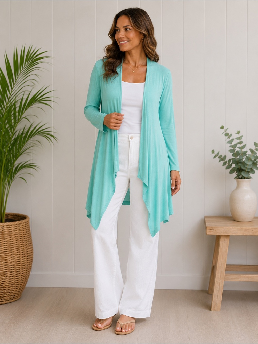 J Jill WearEver Seafoam Waterfall Cardigan Open Front Longline Stretch Petite S